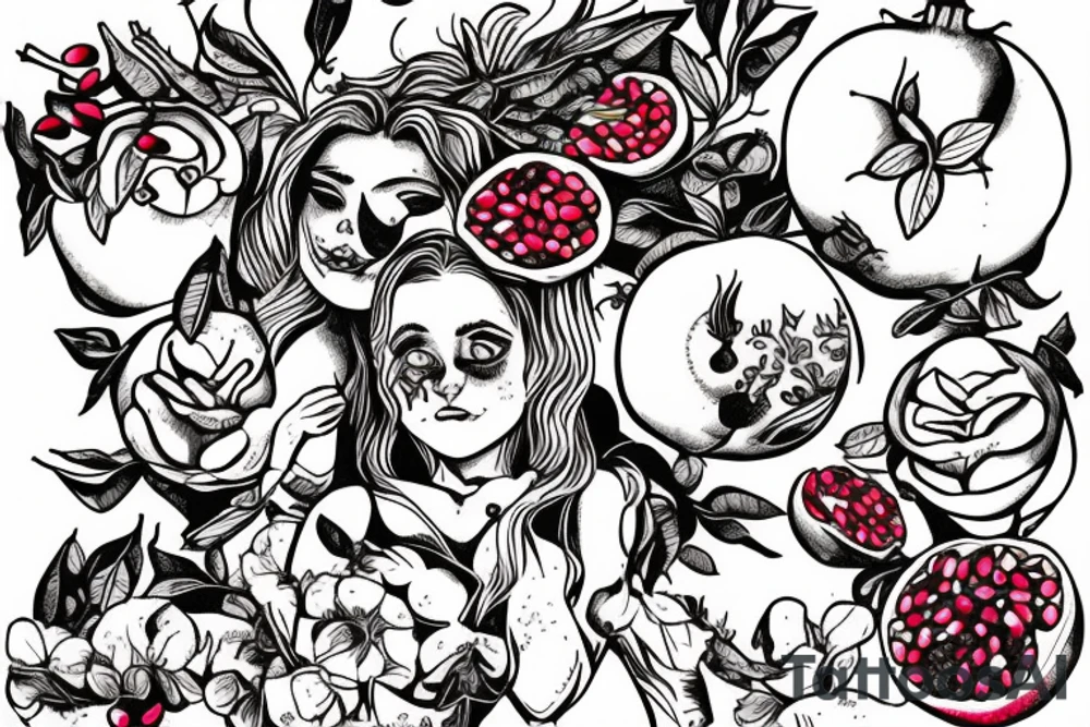 persephone giving pomegranate to alice in wonderland tattoo idea