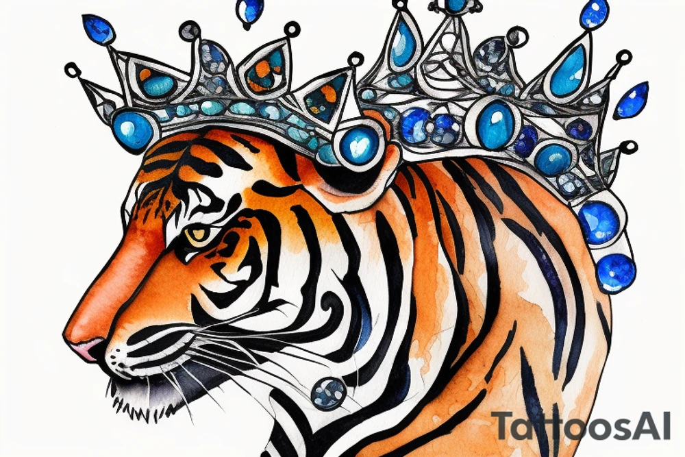 a tiger wearing a crown with a sapphire stone in the middle tattoo idea
