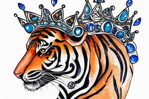 a tiger wearing a crown with a sapphire stone in the middle tattoo idea