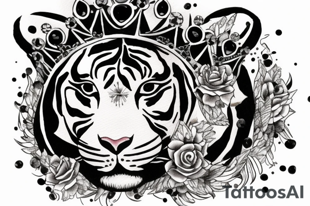 a tiger wearing a crown with a sapphire stone in the middle tattoo idea