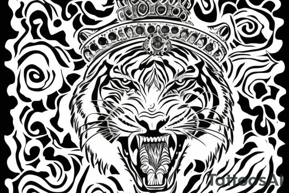 a tiger wearing a crown with a sapphire stone in the middle tattoo idea