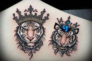 a tiger wearing a crown with a sapphire stone in the middle tattoo idea