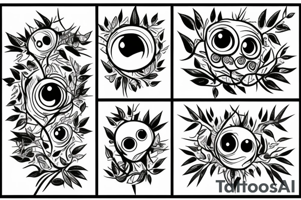 Vines, thorns, plants with eyes, black sleeve on arm tattoo idea