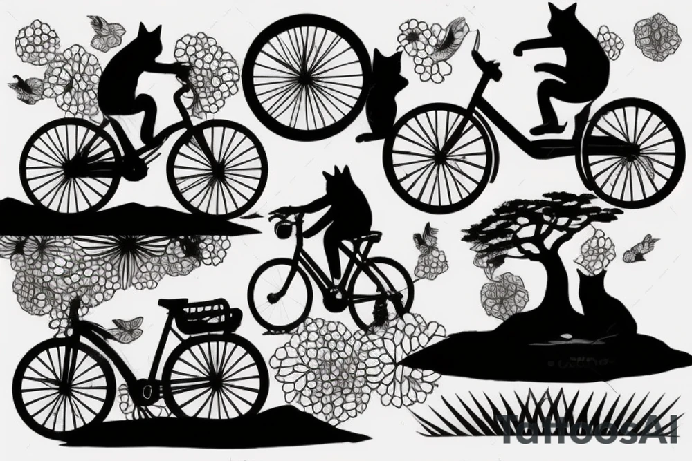 Cat silhouette riding bicycle, bonsai tattoo idea