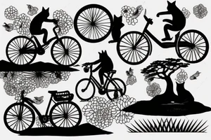 Cat silhouette riding bicycle, bonsai tattoo idea