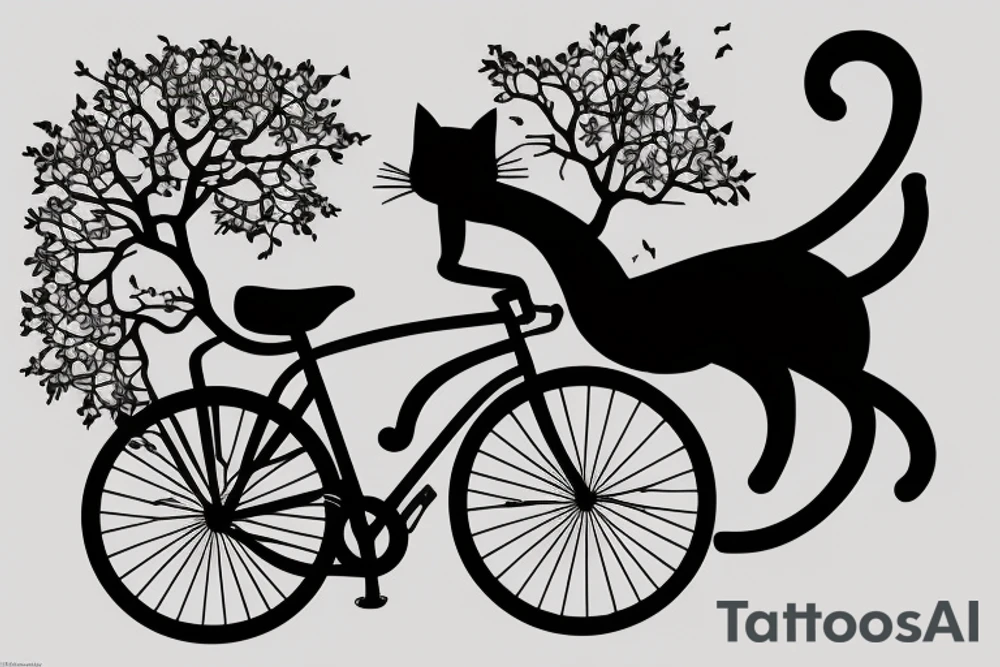 Cat silhouette riding bicycle, bonsai tattoo idea