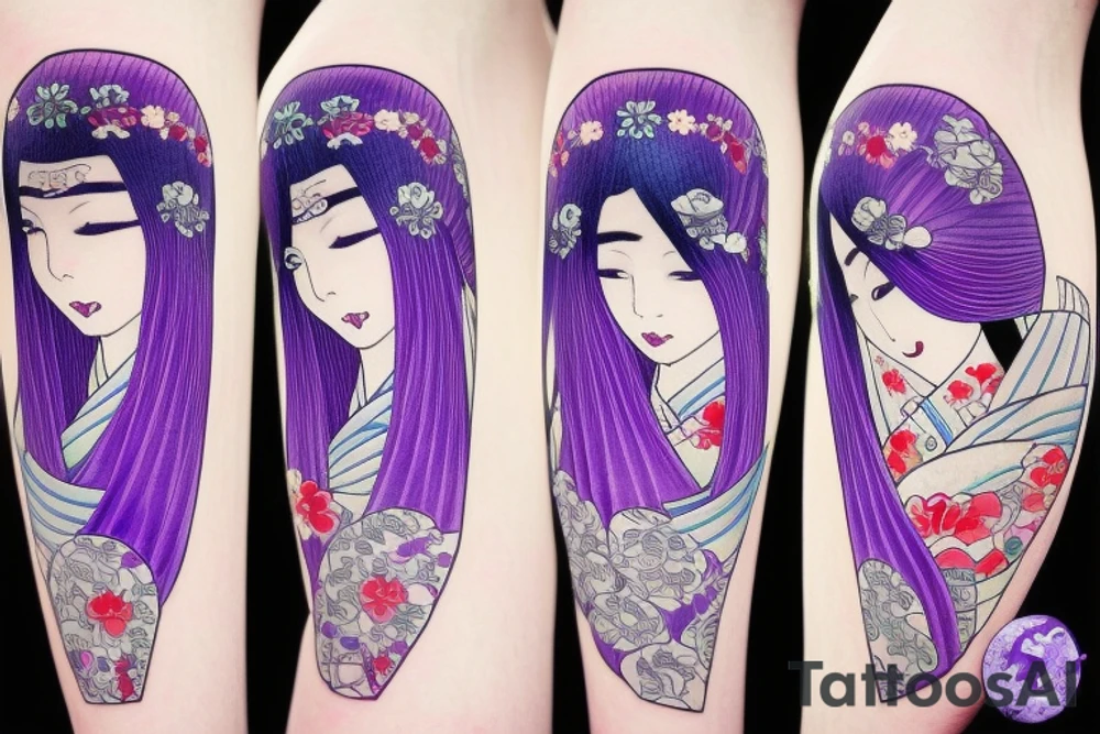 A girl, a long blue hair is holding your hand and looking back at you while walking upstairs, smiling in a kimono that is purple with multiple patterns in a Japanese! setting tattoo idea