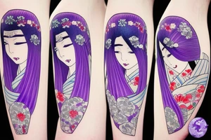 A girl, a long blue hair is holding your hand and looking back at you while walking upstairs, smiling in a kimono that is purple with multiple patterns in a Japanese! setting tattoo idea