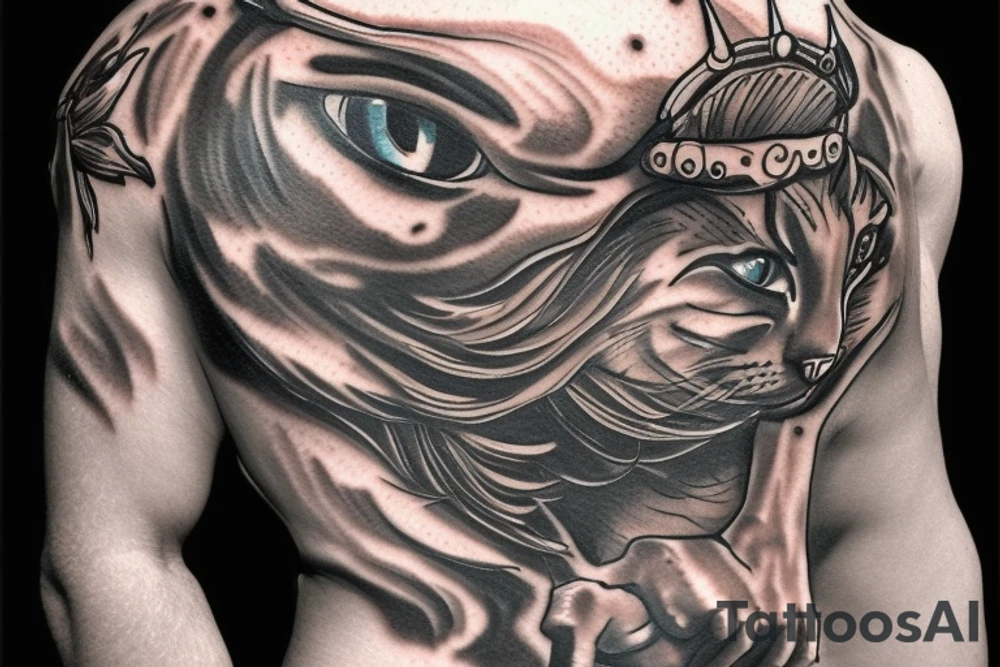 Muscular cat in a crown against the background of destroyed buildings tattoo idea