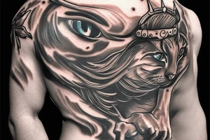 Muscular cat in a crown against the background of destroyed buildings tattoo idea