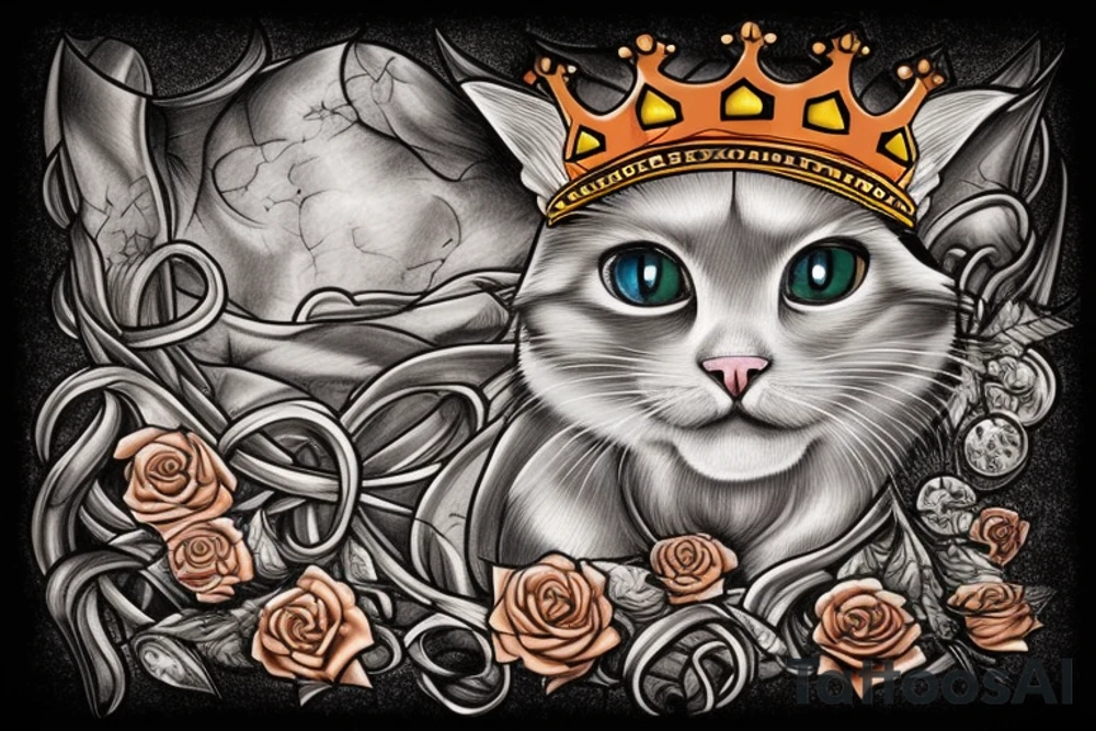 Muscular cat in a crown against the background of destroyed buildings tattoo idea