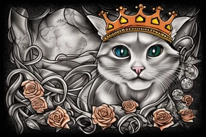 Muscular cat in a crown against the background of destroyed buildings tattoo idea