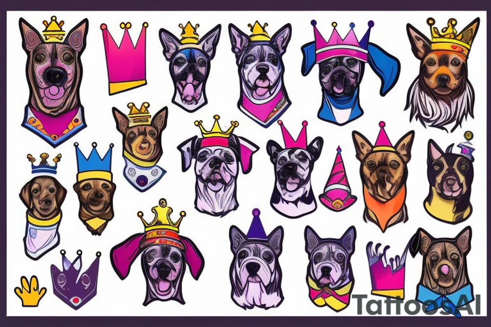 Dog with a crown on his head with a bright background tattoo idea