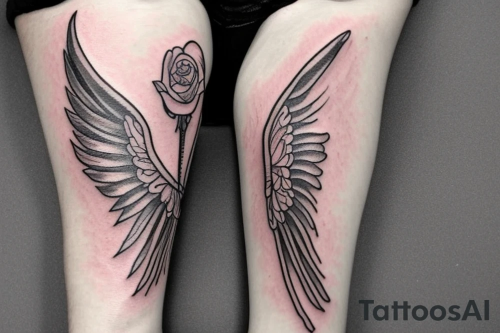 Angel wings on the bottom arm ending with a rose on the hand combined with a parchment lit by a candle including a feather quill tattoo idea