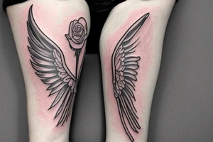Angel wings on the bottom arm ending with a rose on the hand combined with a parchment lit by a candle including a feather quill tattoo idea