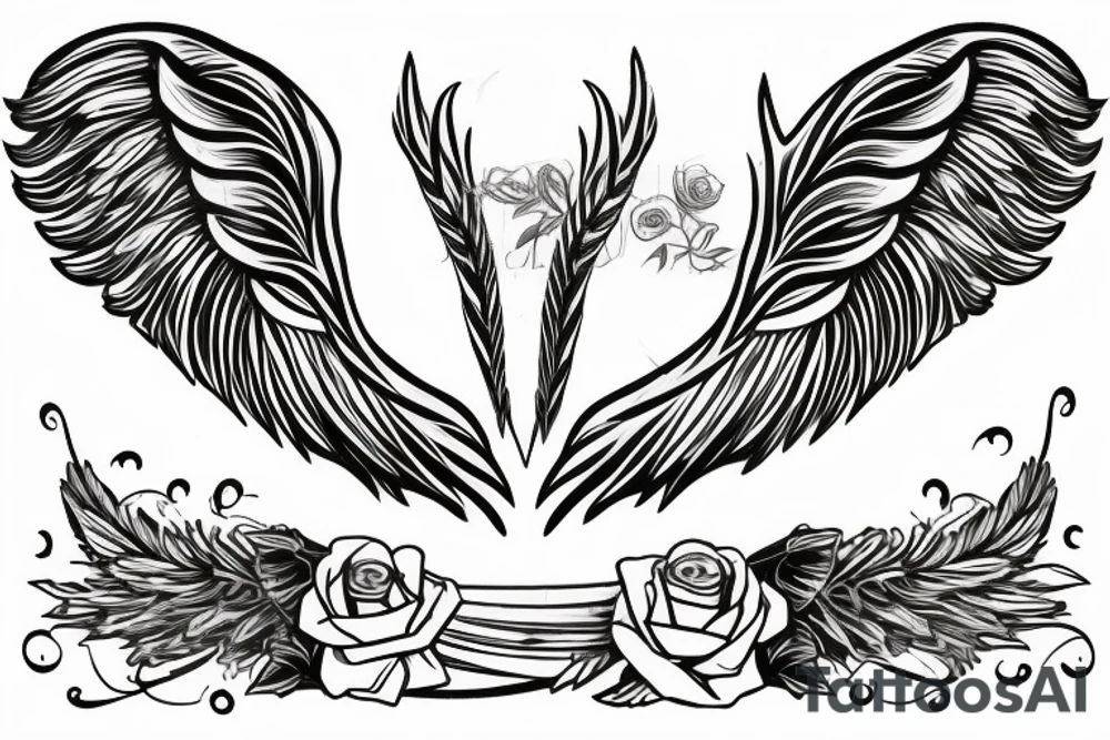Angel wings on the bottom arm ending with a rose on the hand combined with a parchment lit by a candle including a feather quill tattoo idea