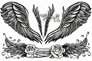 Angel wings on the bottom arm ending with a rose on the hand combined with a parchment lit by a candle including a feather quill tattoo idea
