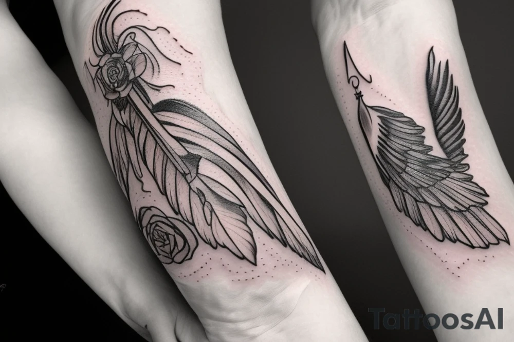 Angel wing on the bottom arm ending with a rose on the hand combined with a parchment lit by a candle including a feather quill tattoo idea