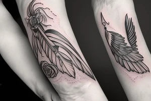 Angel wing on the bottom arm ending with a rose on the hand combined with a parchment lit by a candle including a feather quill tattoo idea