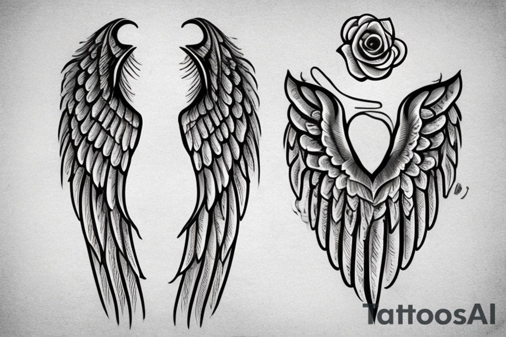 Angel wing on the bottom arm ending with a rose on the hand combined with a parchment lit by a candle including a feather quill tattoo idea