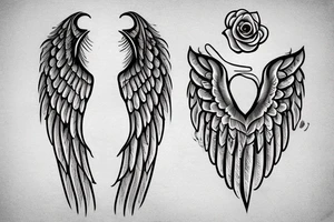 Angel wing on the bottom arm ending with a rose on the hand combined with a parchment lit by a candle including a feather quill tattoo idea