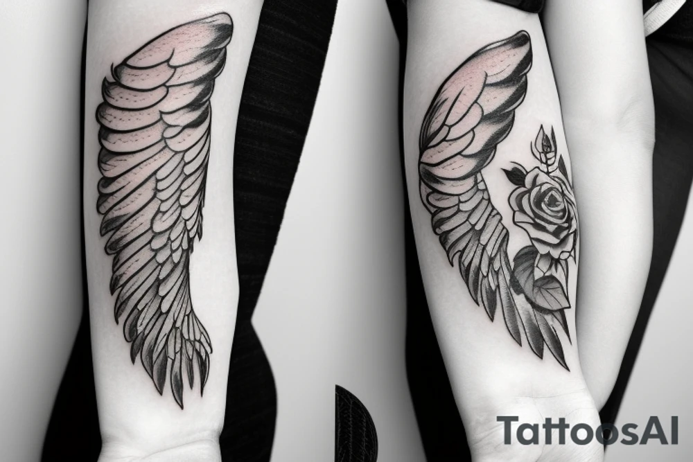 Angel wing on the bottom arm ending with a rose on the hand combined with a parchment tattoo idea