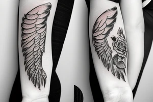 Angel wing on the bottom arm ending with a rose on the hand combined with a parchment tattoo idea