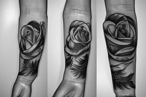Angel wing on the bottom arm ending with a rose on the hand combined with a parchment tattoo idea