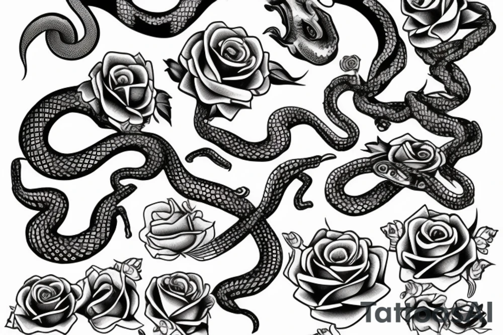 snake with open mouth and roses tattoo idea