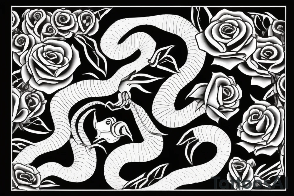 snake with open mouth and roses tattoo idea