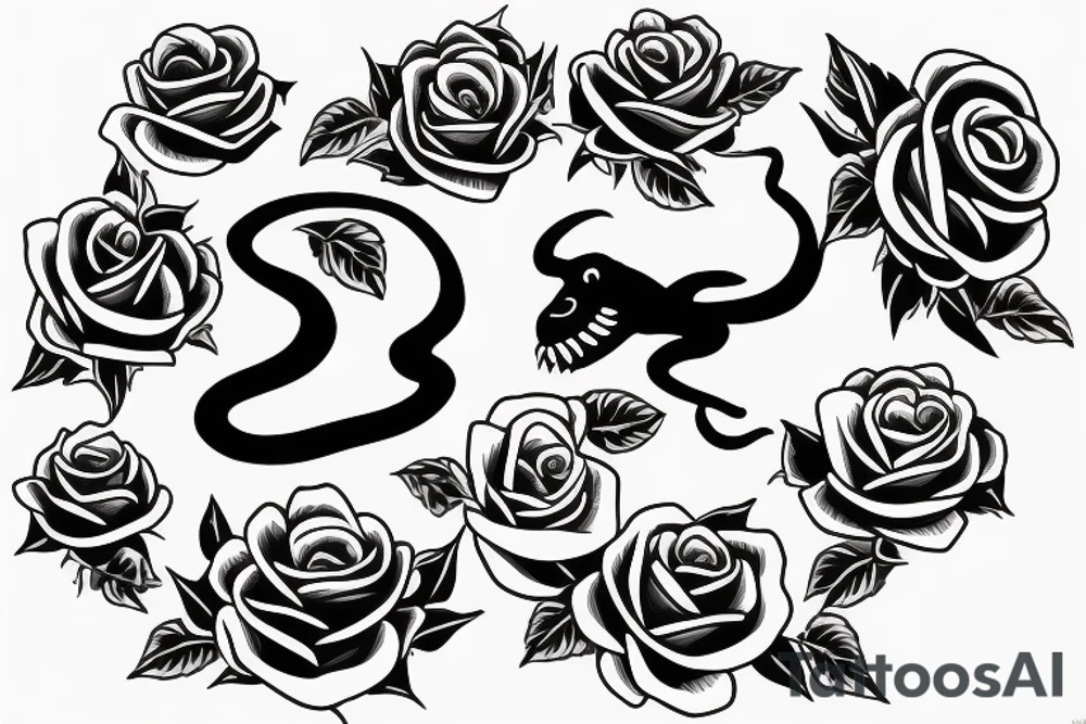 snake with open mouth and roses tattoo idea