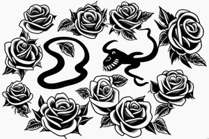 snake with open mouth and roses tattoo idea