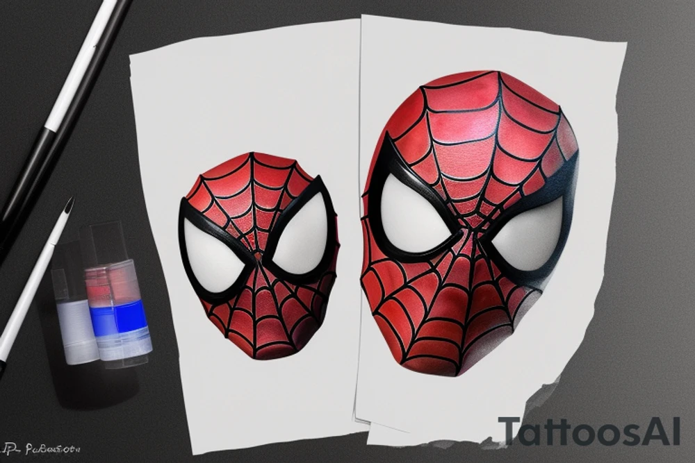 a portrait of half Spider-Man’s mask and half Deadpools mask vertically together, 3D animation, 8k render tattoo idea