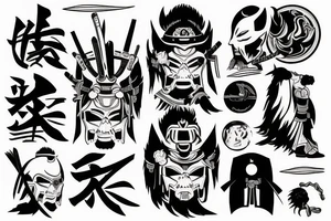 A samurai stands in black armor and the sun rises in the background tattoo idea