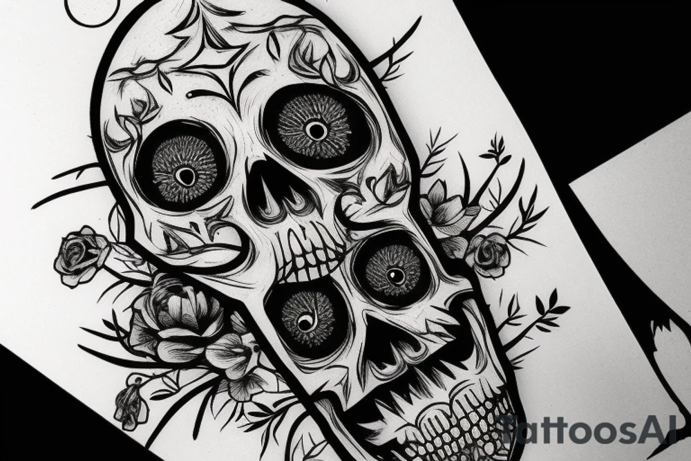 Skull with woods. moon and cat tattoo idea