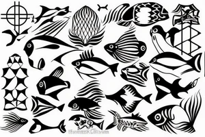 Black minimal fine line fish tattoo idea