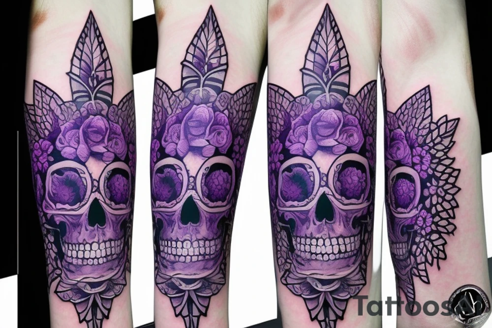 skull with purple flowers at the bottom tattoo idea