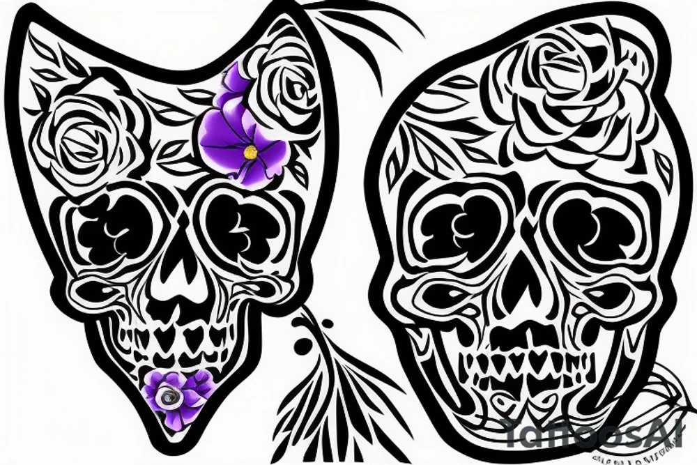 skull with purple flowers at the bottom tattoo idea