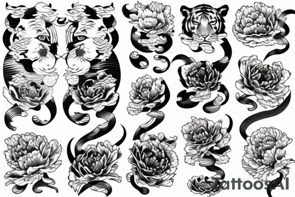 Tiger with waves and peony tattoo idea