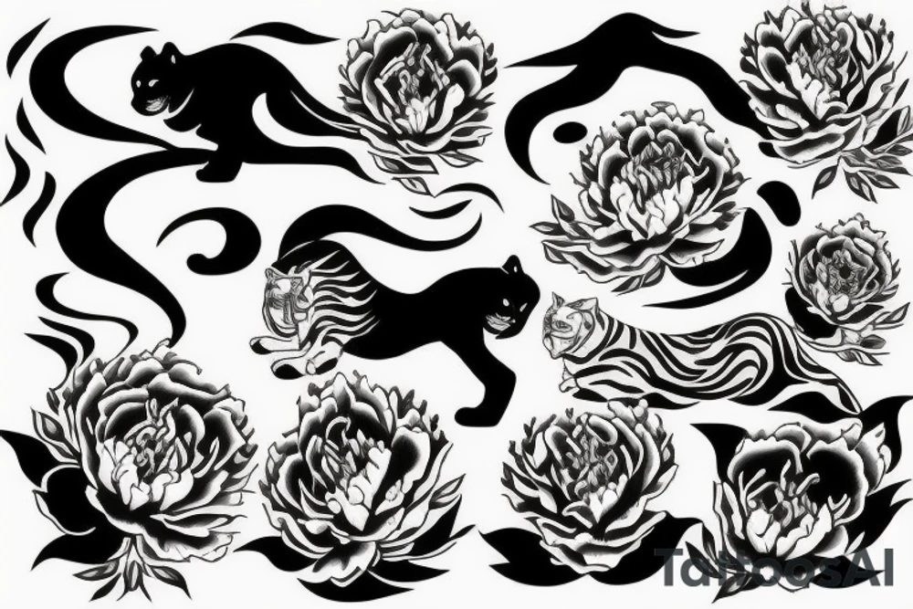 Tiger with waves and peony tattoo idea