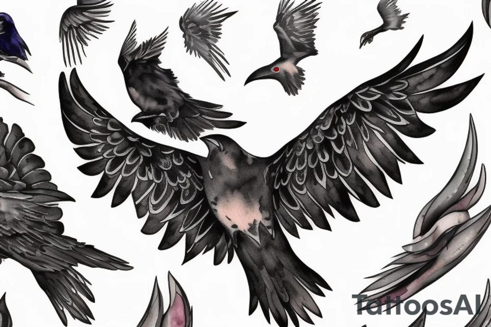 Raven open wing flying towards you detailed tattoo idea