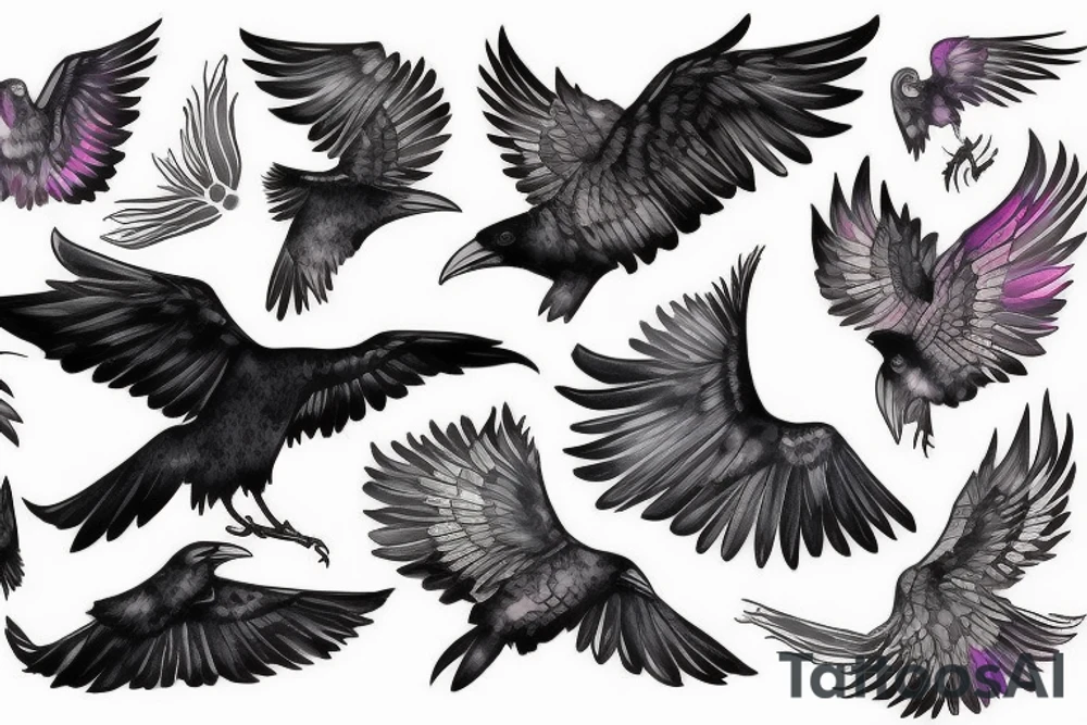 Raven open wing flying towards you detailed tattoo idea