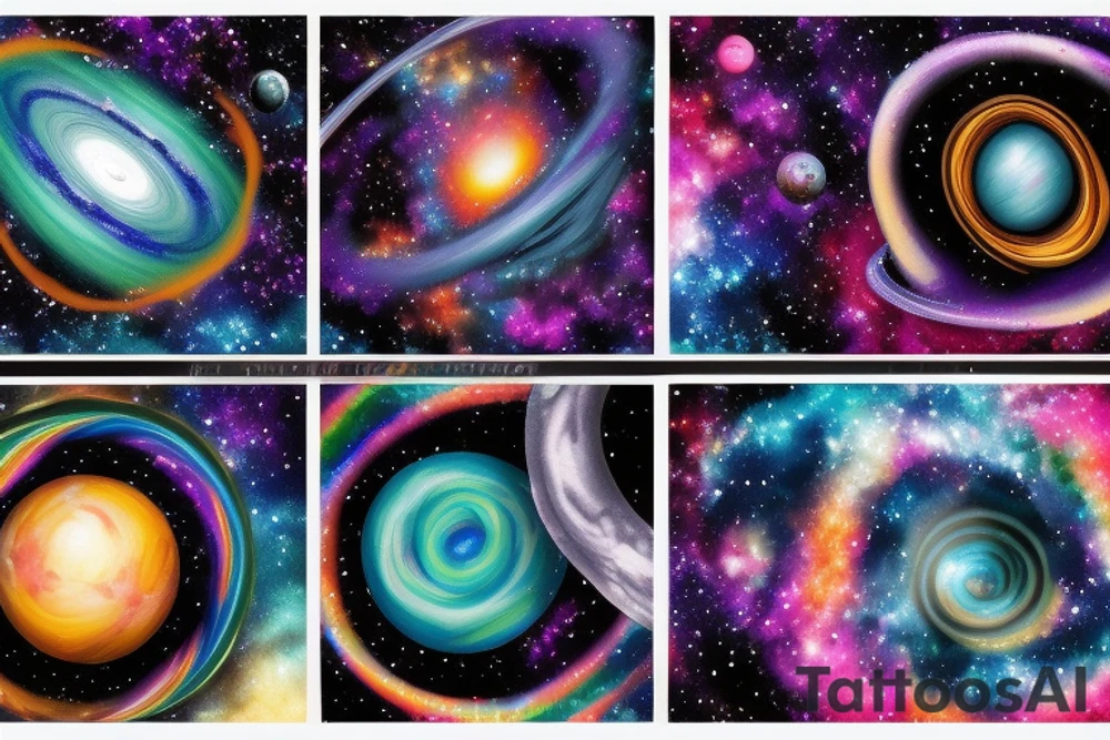Colorful galaxy. planets smashed together and a swirl of stardust leading to a distant blackhole tattoo idea