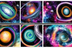 Colorful galaxy. planets smashed together and a swirl of stardust leading to a distant blackhole tattoo idea