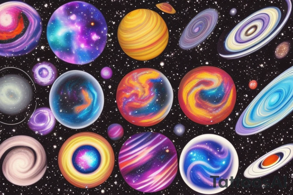 Colorful galaxy. planets smashed together and a swirl of stardust leading to a distant blackhole tattoo idea