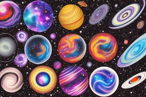 Colorful galaxy. planets smashed together and a swirl of stardust leading to a distant blackhole tattoo idea