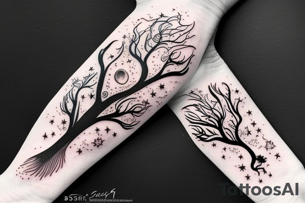 swirl of stardust leading to a distant blackhole. Galaxy tree tattoo idea