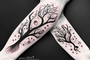 swirl of stardust leading to a distant blackhole. Galaxy tree tattoo idea