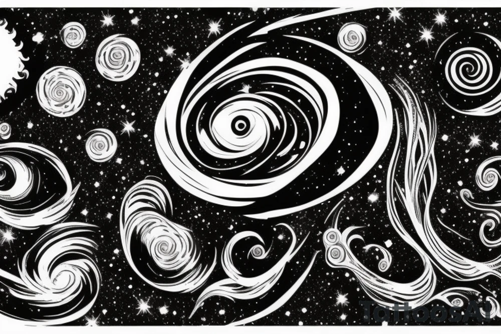 swirl of stardust leading to a distant blackhole. Galaxy tree tattoo idea