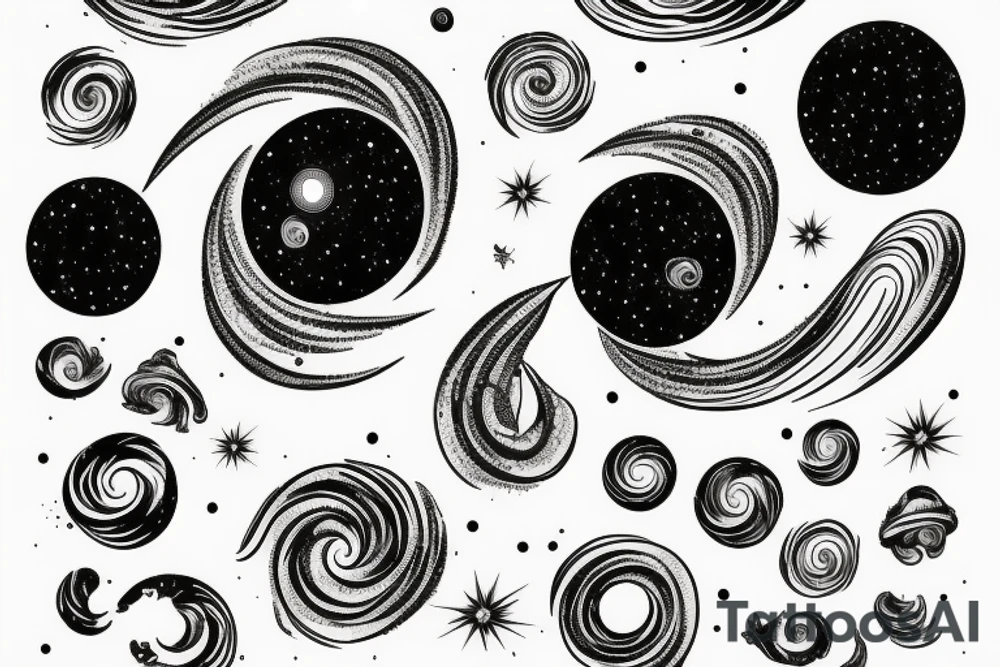 swirl of stardust leading to a distant blackhole. Galaxy tree tattoo idea